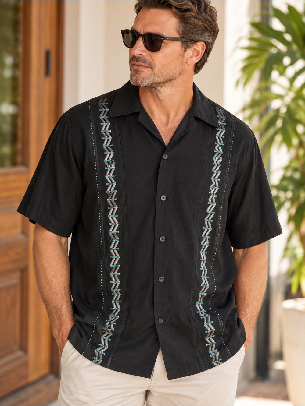 Nat Nast Men’s L Black 100% Silk Embroidered Bowling Camp Shirt